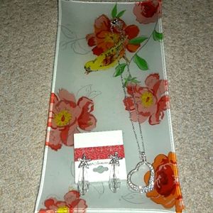 Rhinestone Heart Pendant Necklace & Earrings